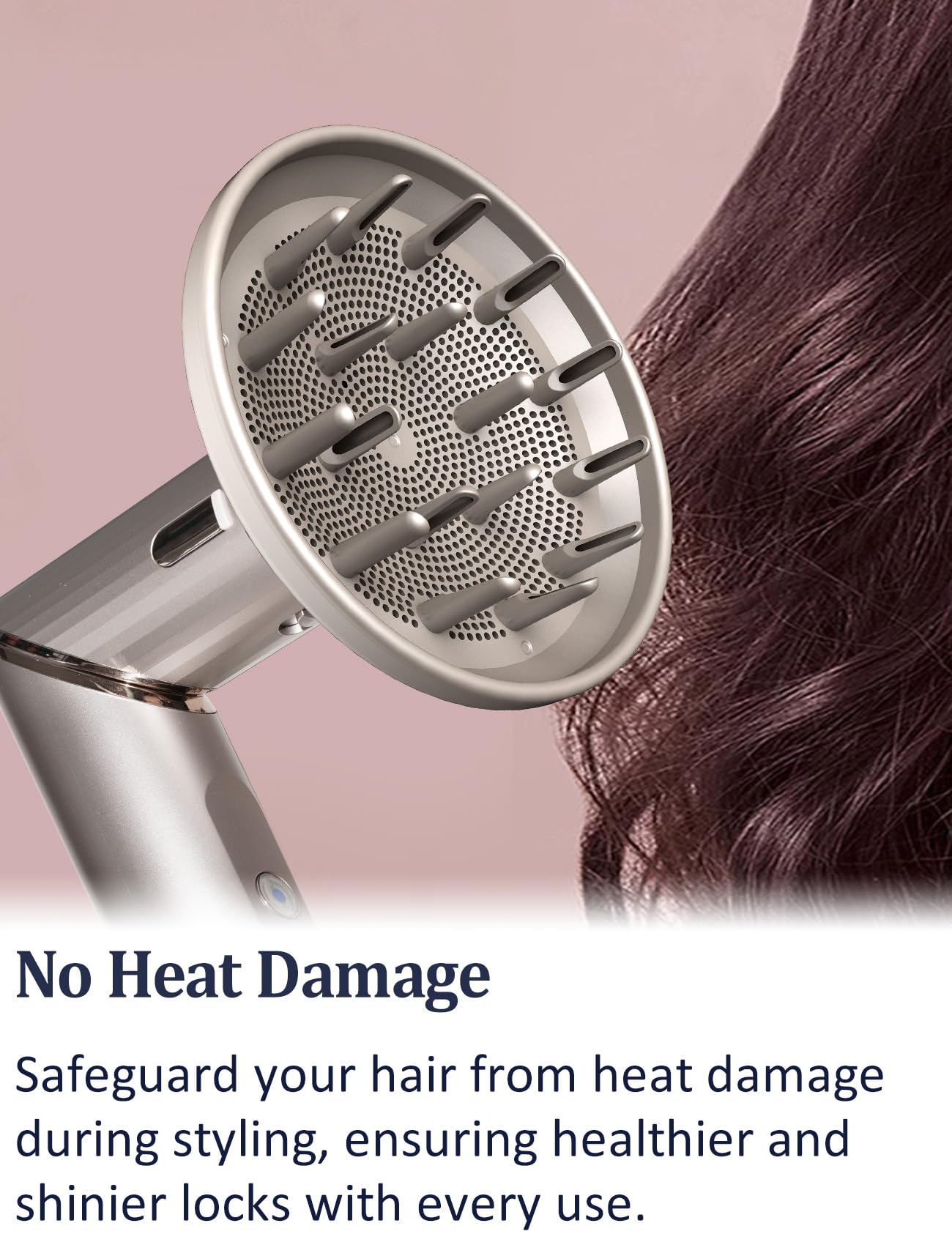 Nekuma diffuser attachment provides heat protection to reduce damage during drying.