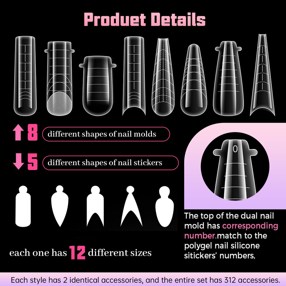 Nelrona dual nail forms showing 8 shapes and 12 sizes for precise length customization