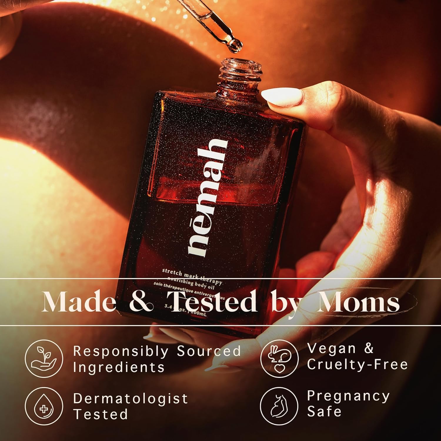 Nemah Belly Oil with jojoba and coconut moisturizes dry pregnancy skin.