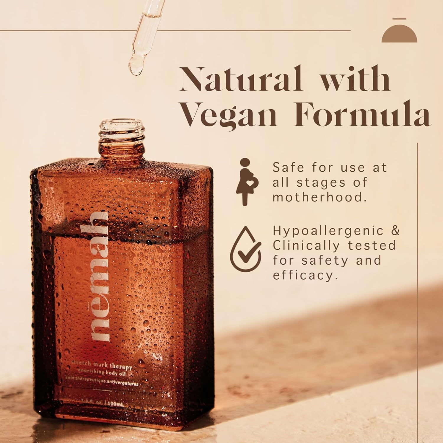 Nemah Belly Oil emphasizes pregnancy-safe, hypoallergenic skincare.