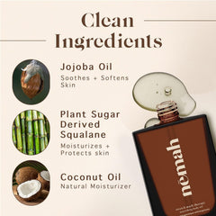 Nemah Nourishing Belly Oil texture drop shows a lightweight, quick-absorbing formula.