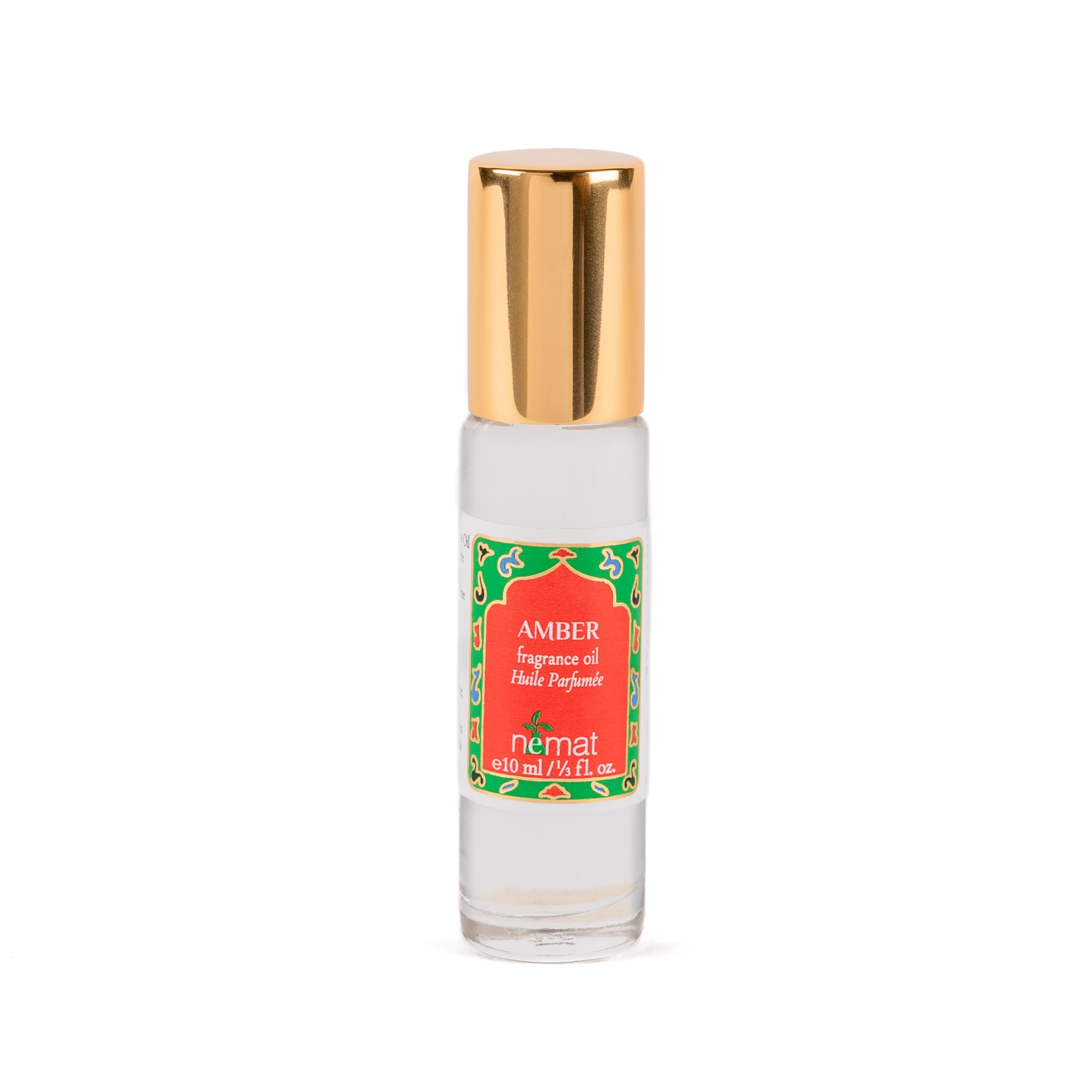 Nemat Amber Perfume Oil Roll-On bottle highlights long-lasting, skin-friendly fragrance.