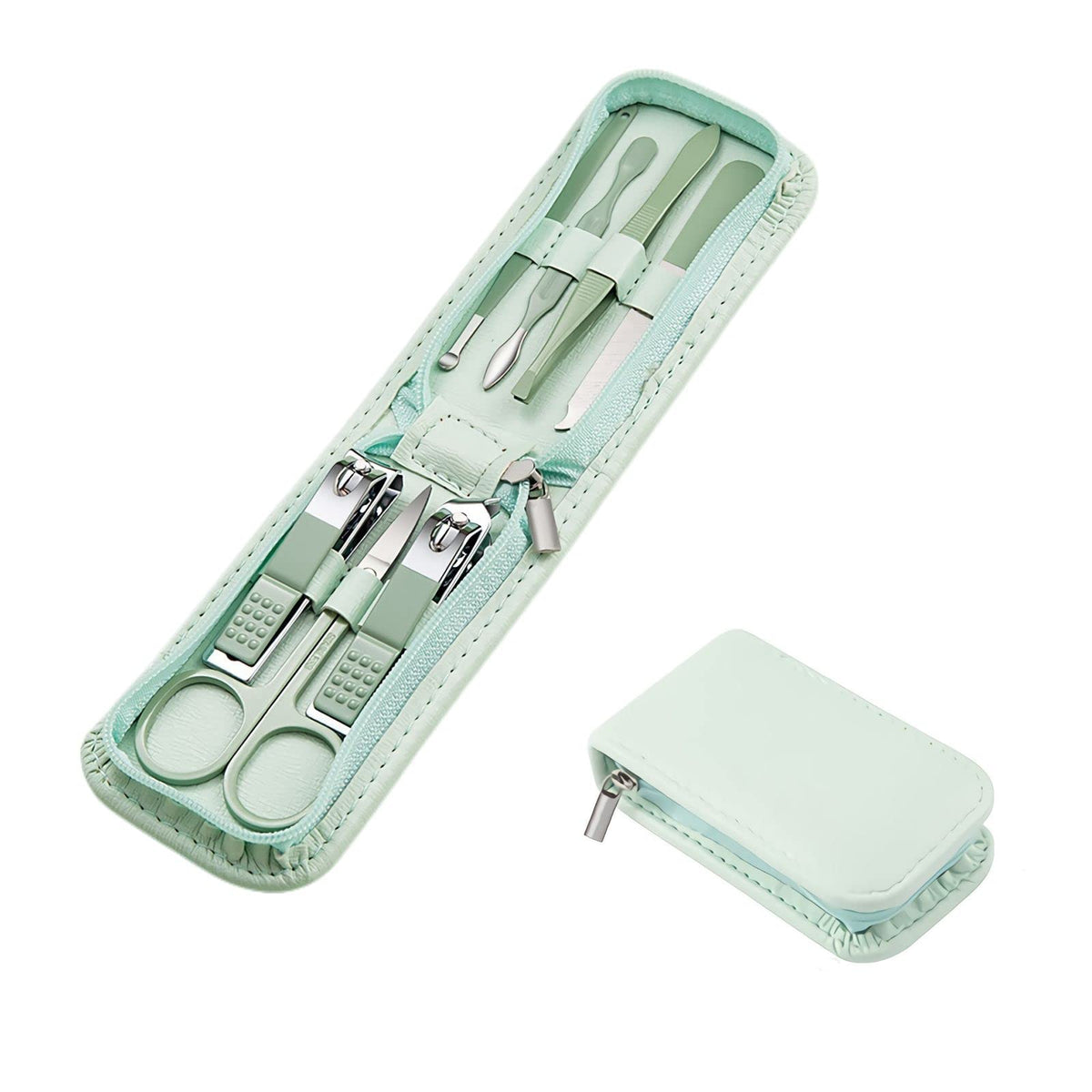 NEMIBAD manicure set with seven tools laid out for a comprehensive grooming routine