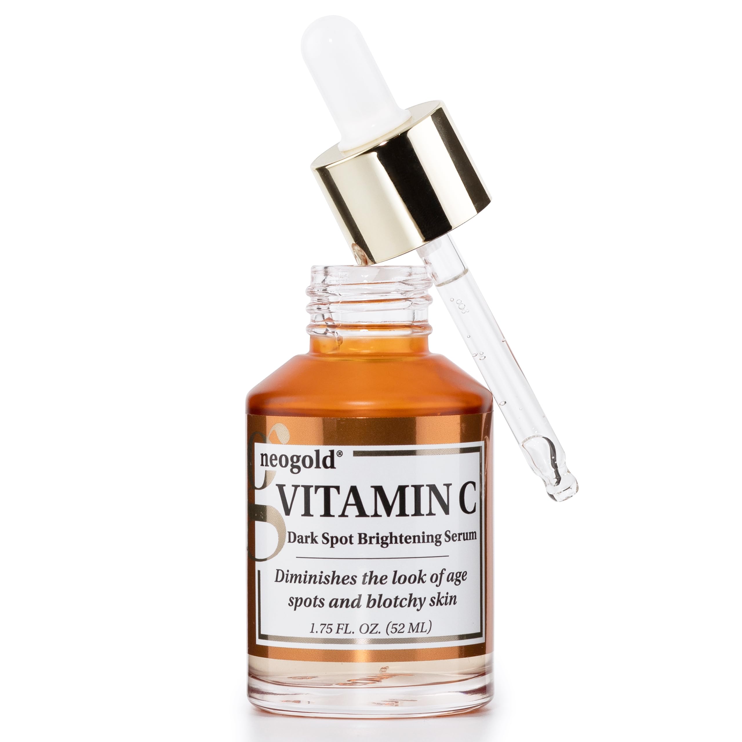 Neogold Brightening Vitamin C Serum bottle closeup, fragrance-free formula for brighter, even-toned skin.