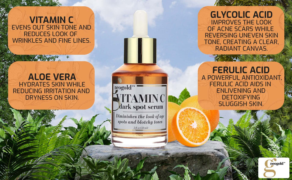 Neogold Vitamin C serum texture swatch, absorbs quickly for non-greasy hydration.