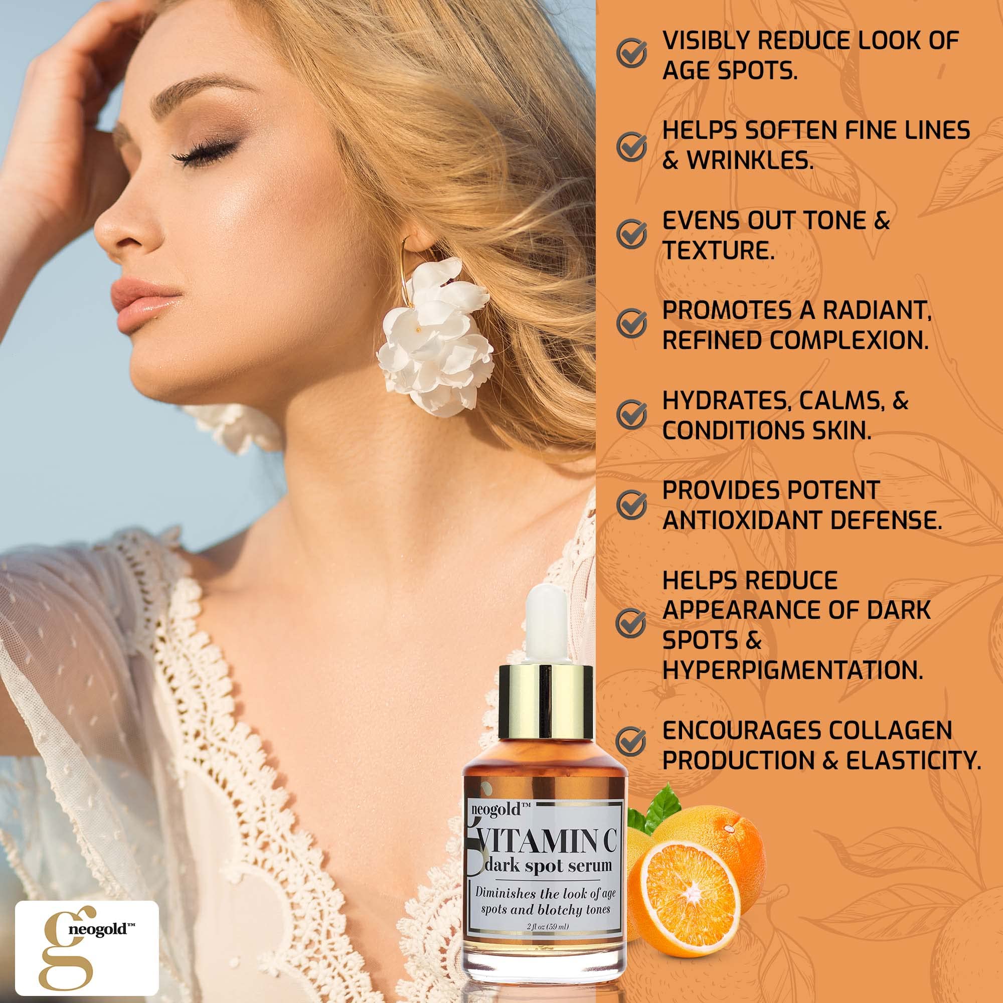 Neogold Vitamin C serum fragrance-free formula, ideal for sensitive skin needs.