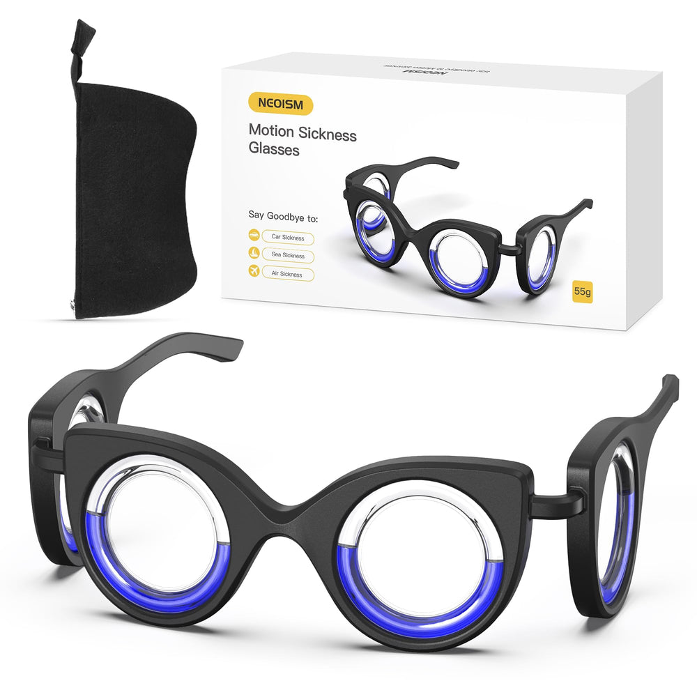 Neoism motion sickness glasses with anti glare lensless design for stable viewing during travel.