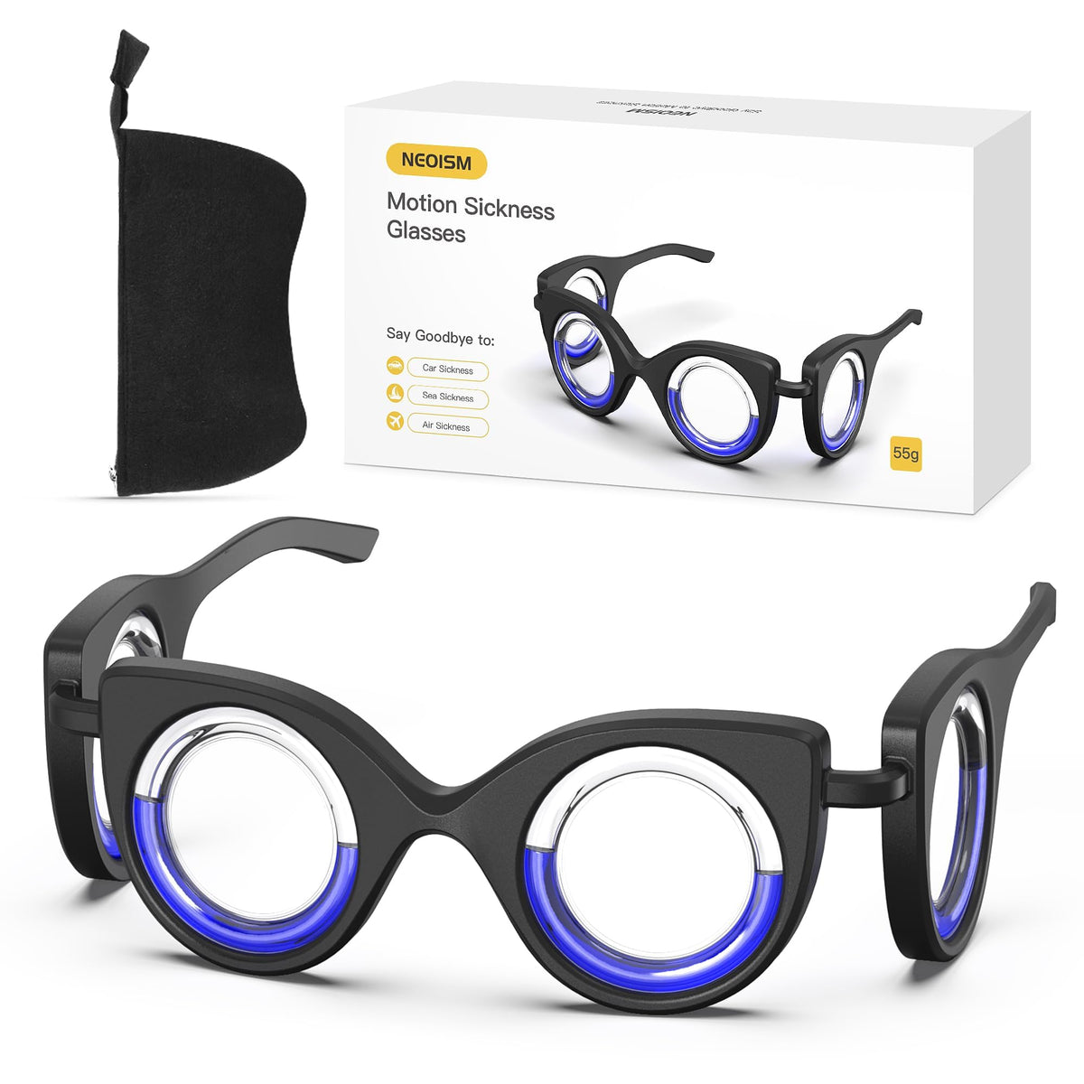 Neoism motion sickness glasses with anti glare lensless design for stable viewing during travel.