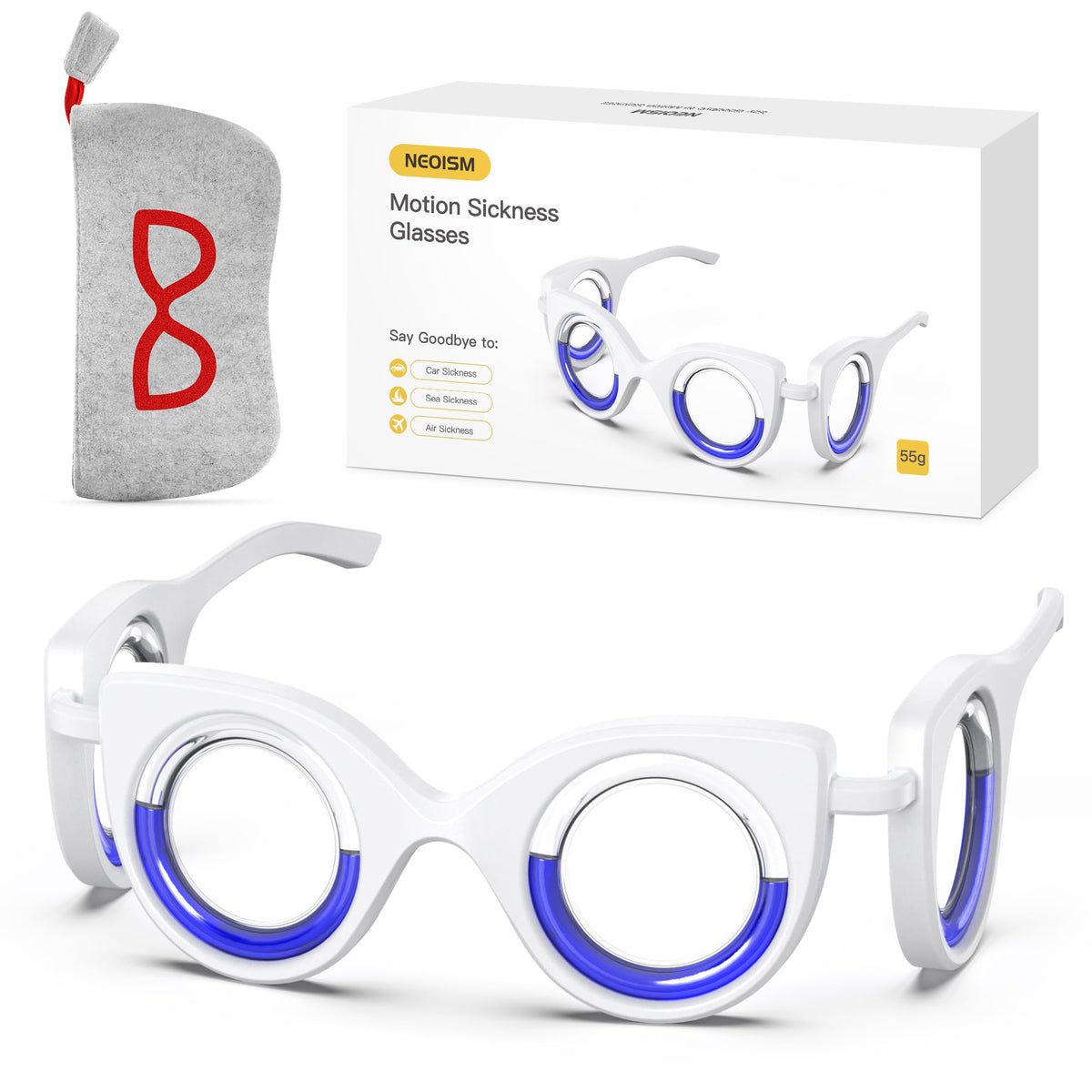 NEOISM motion sickness glasses front view showing visual stabilization for travel.