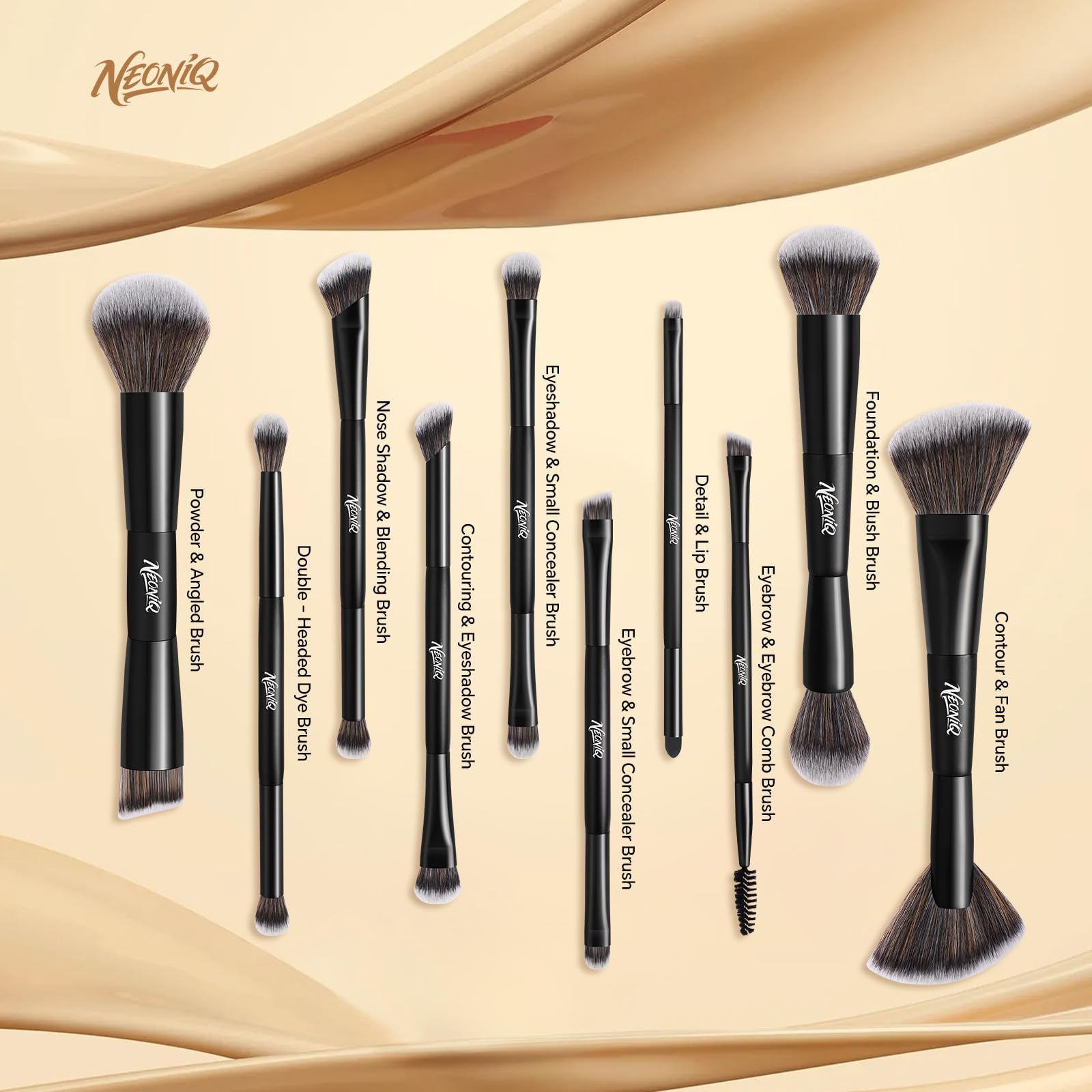 NEONIQ eye brushes enable precise eyeshadow and brow application for detailed looks.