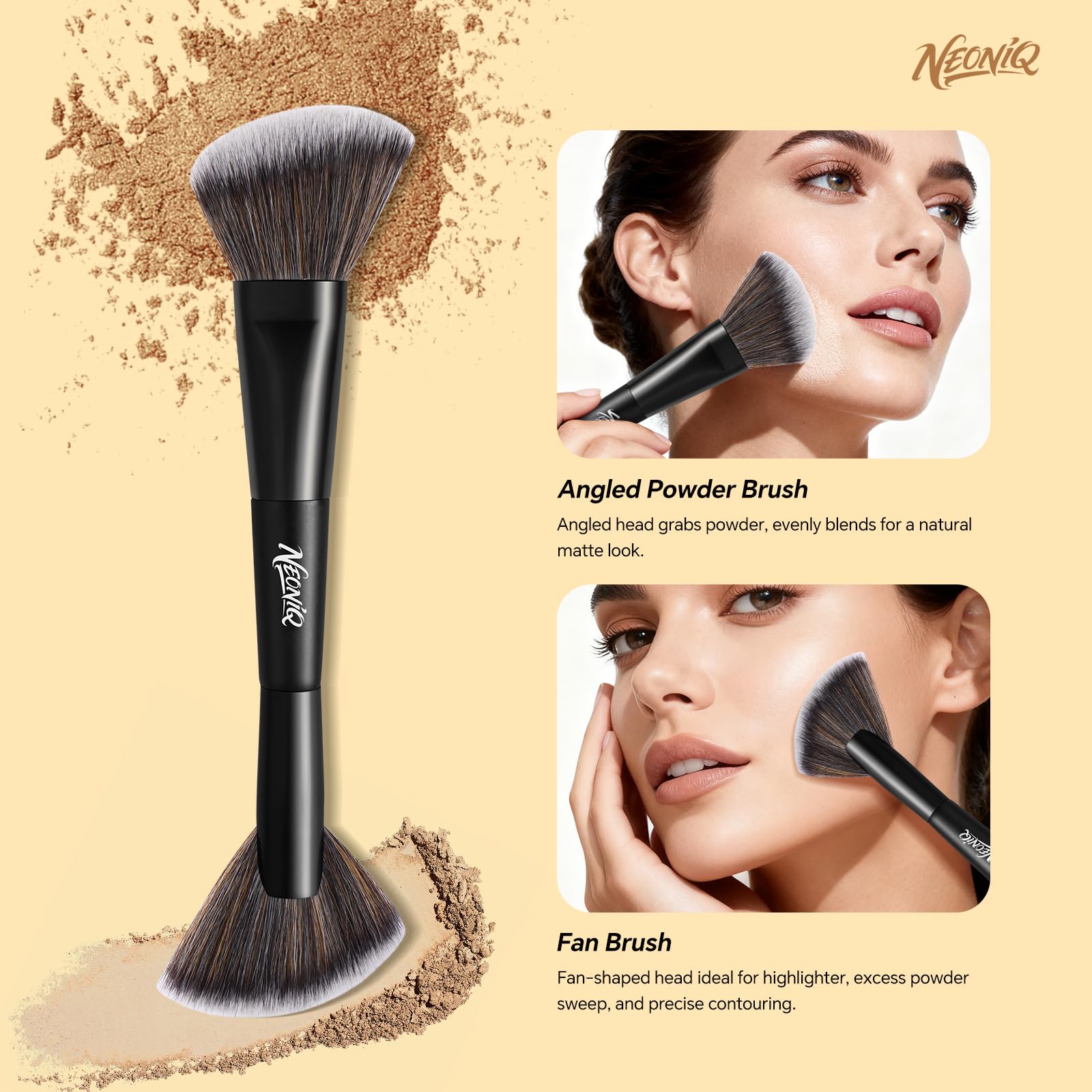 NEONIQ soft bristles provide gentle, consistent blends across liquids, creams, and powders.