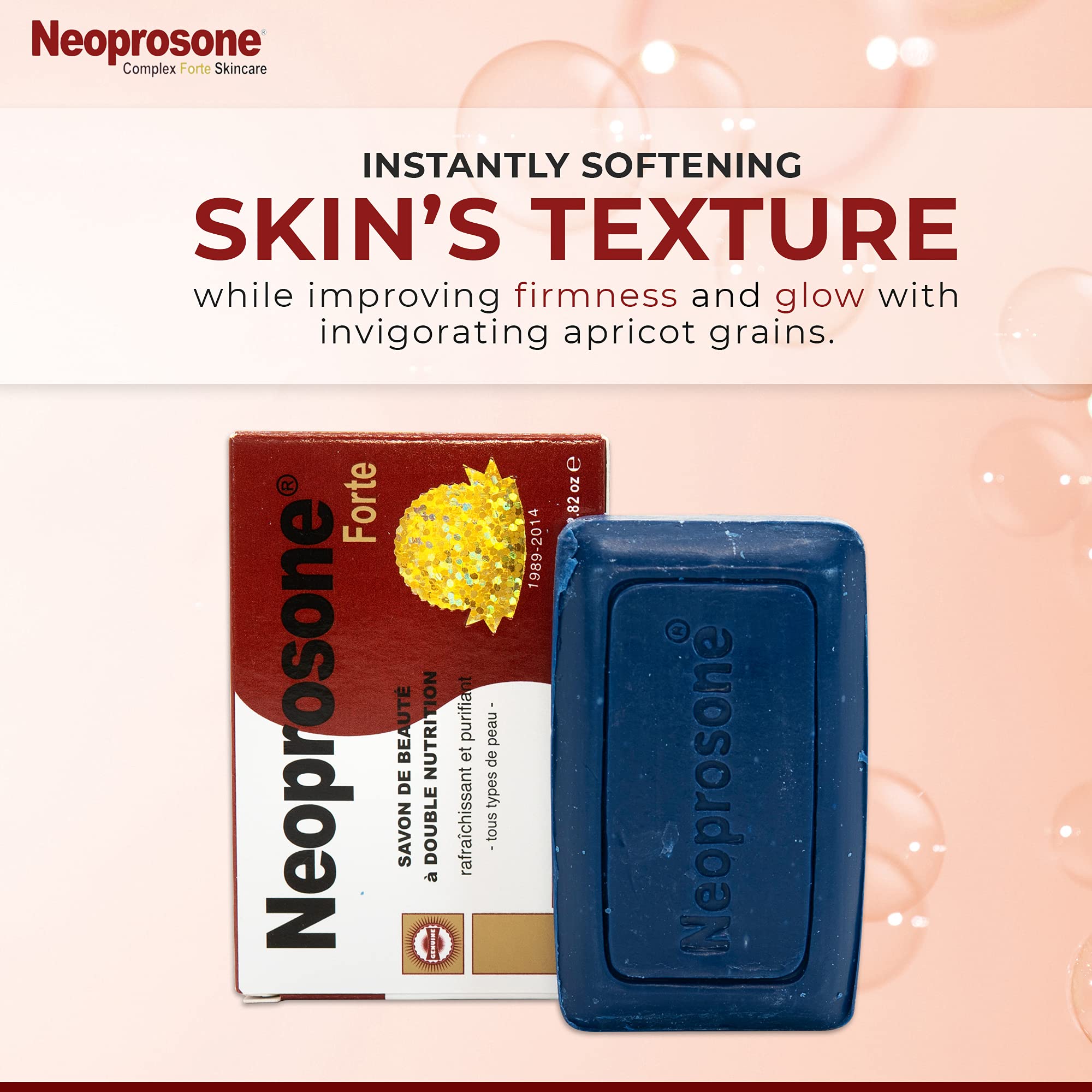Neoprosone Skin Brightening Soap packaging front emphasizes gentle, glycerin-rich hydration.