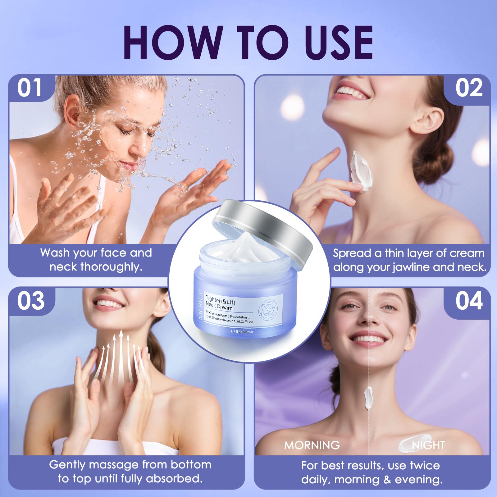 NEORIVER Tighten & Lift Neck Cream visual with caffeine for energizing renewal.