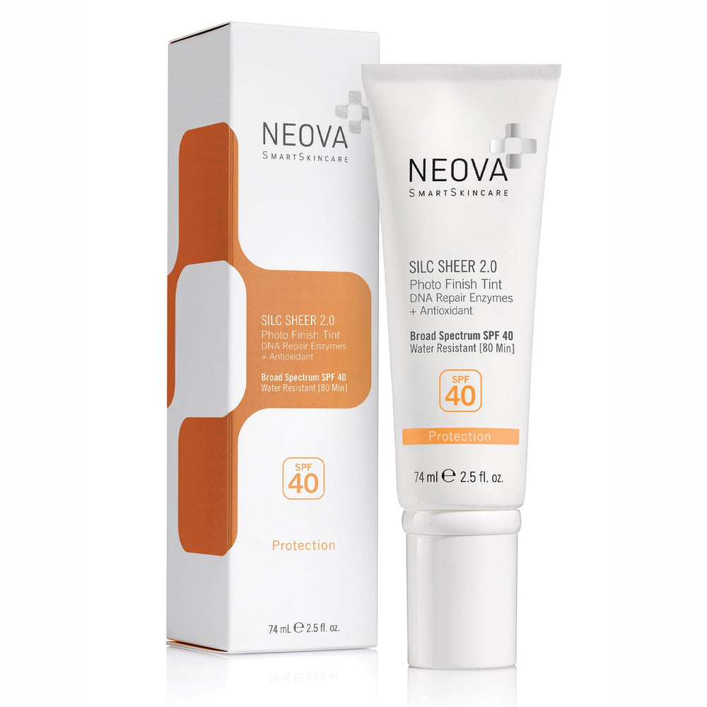 NEOVA Silc Sheer 2.0 tinted sunscreen bottle with pearl finish providing natural coverage and UV protection
