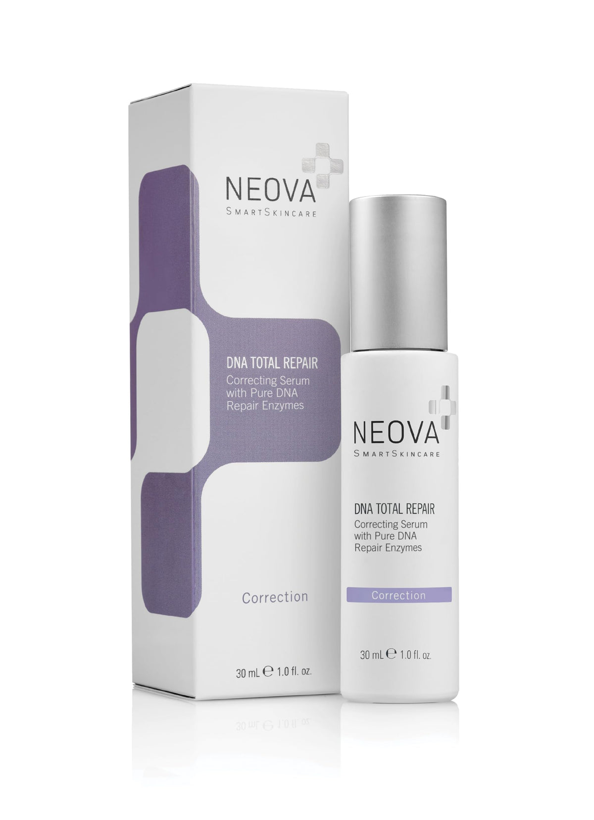 NEOVA DNA Total Repair Serum bottle closeup highlighting premium packaging and anti aging appeal.