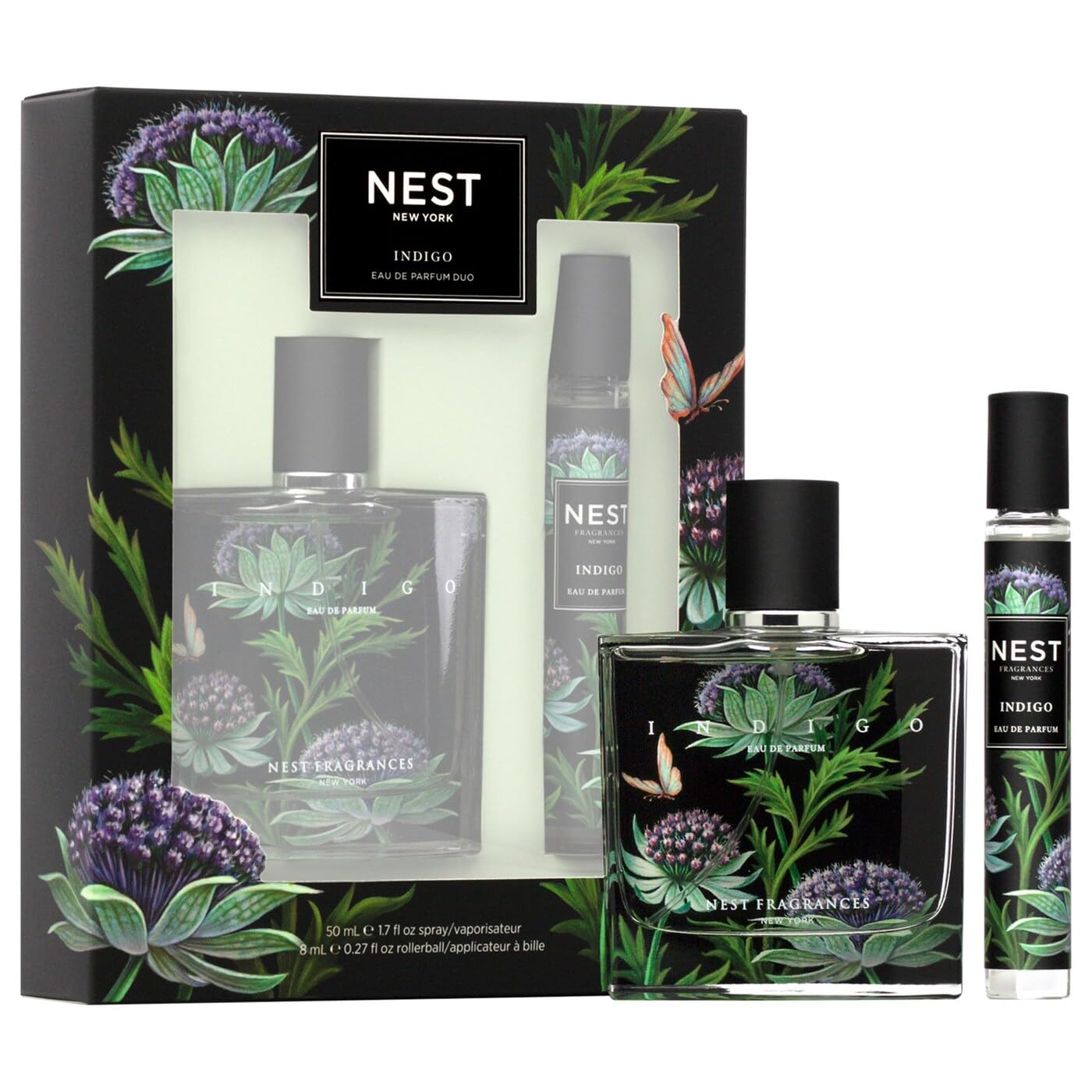 NEST New York Indigo EDP bottle with travel spray for on-the-go scent touchups.