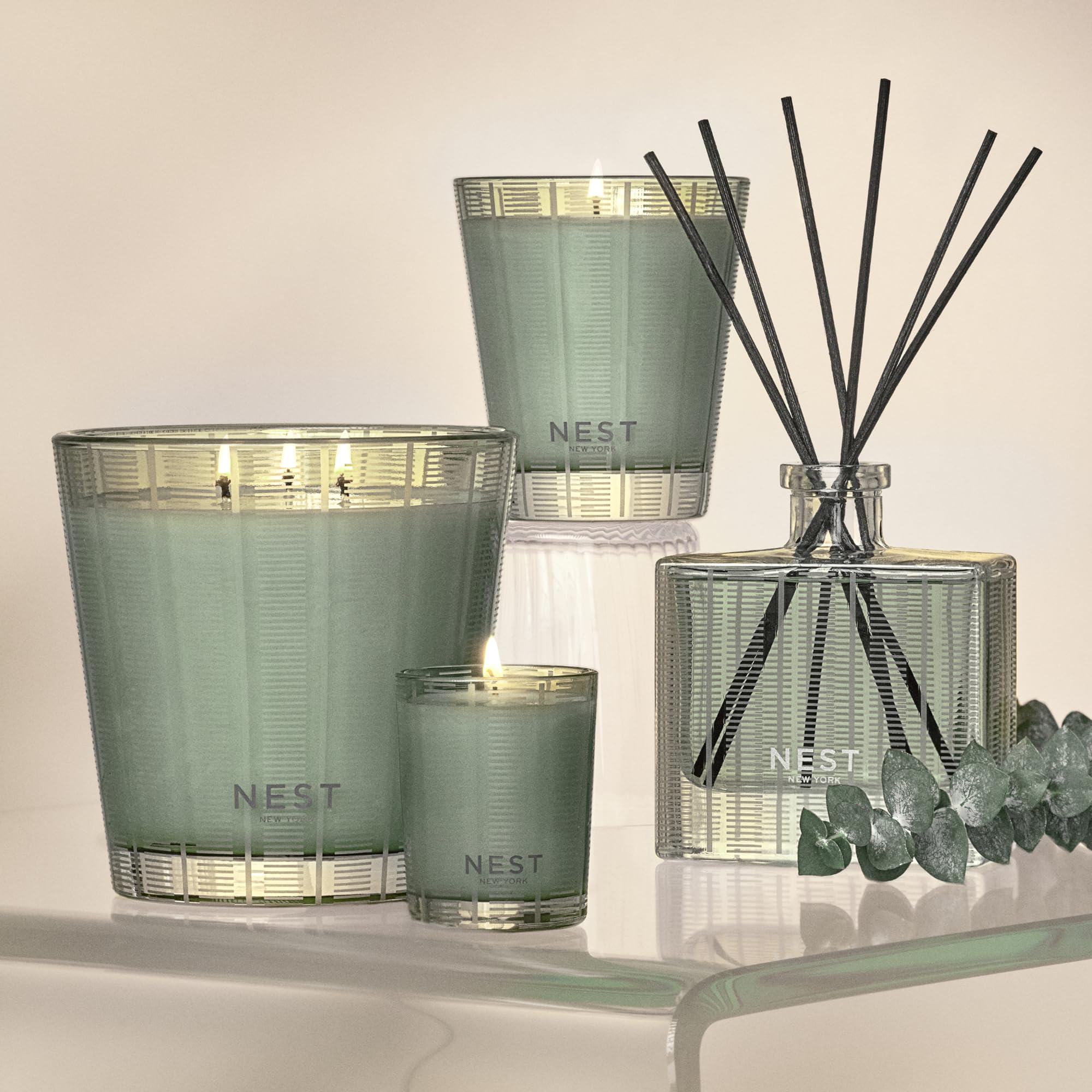 NEST New York liquid soap product shot evokes a calming ritual with mint and eucalyptus notes.