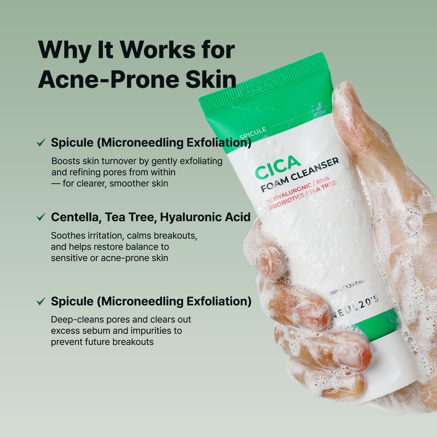 NEUL20S Spicule CICA Foam Cleanser foam-lather closeup highlighting gentle cleansing.