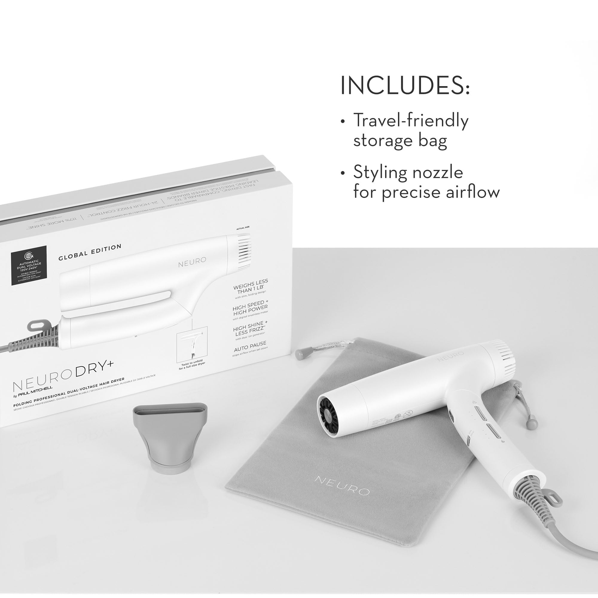 Neuro Dry+ Global Edition travel setup showcases compact dual voltage styling on the go
