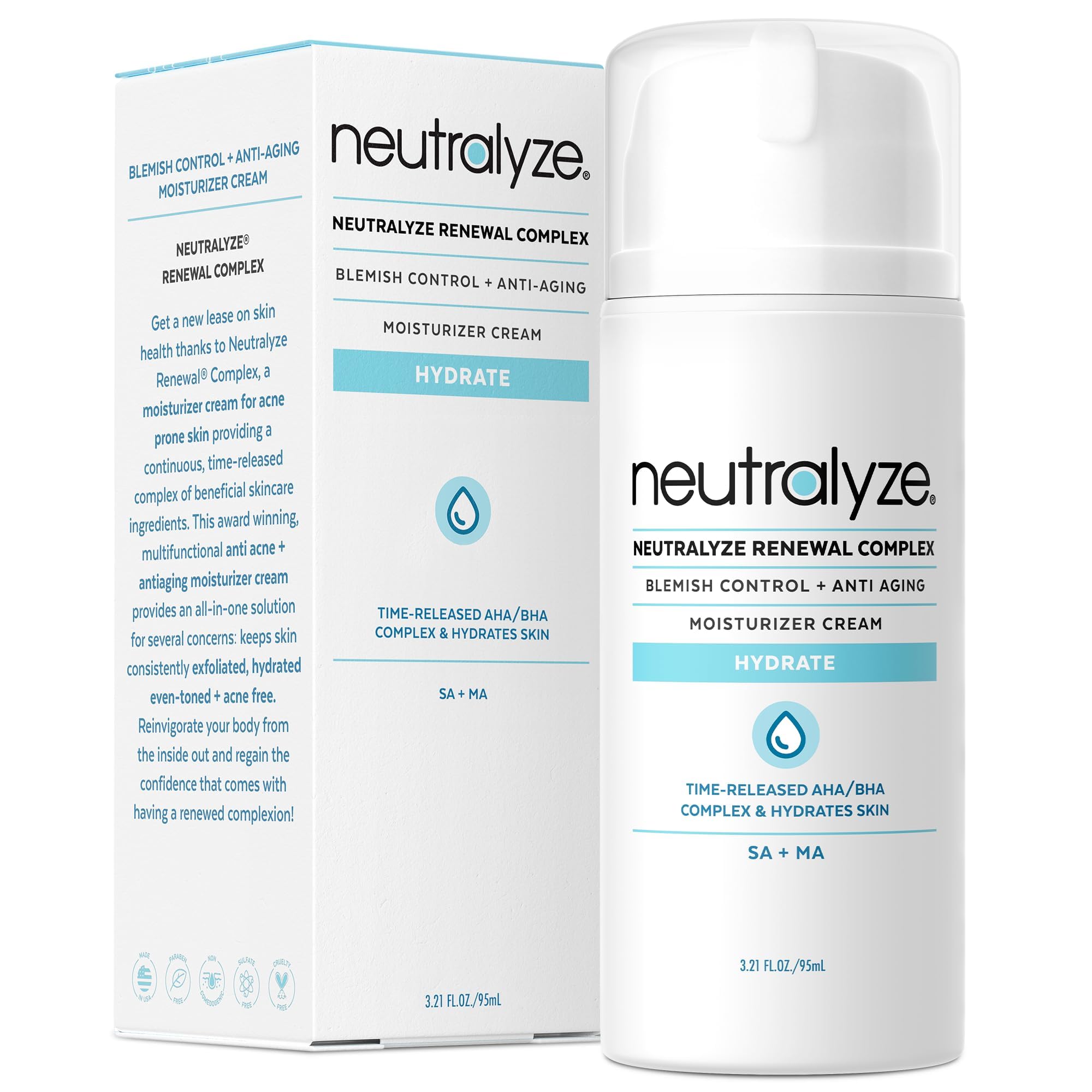 Neutralyze Renewal Complex face bottle close-up showing time-released actives for acne-prone skin.