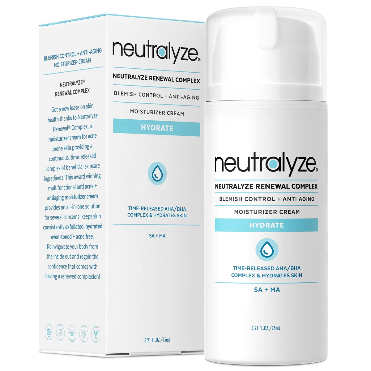 Neutralyze Renewal Complex face bottle close-up showing time-released actives for acne-prone skin.