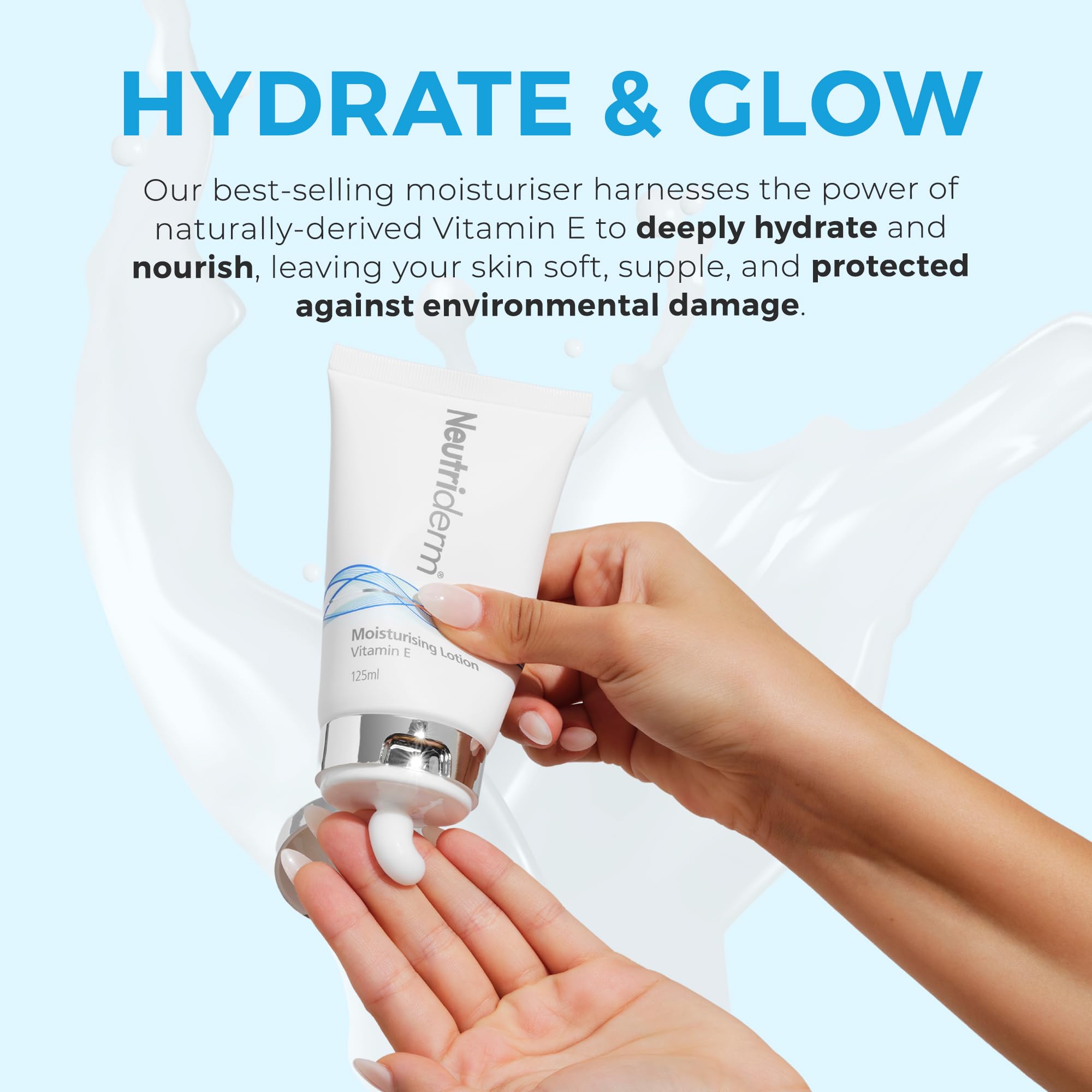 NEUTRIDERM apply-gesture image showing skin-touched glow and hydration