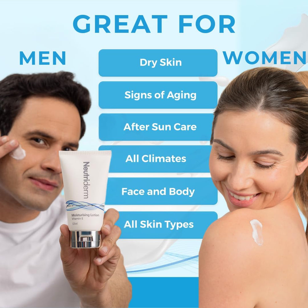 NEUTRIDERM packaging shows parabens-sulfates-fragrance-free claim for gentle daily use
