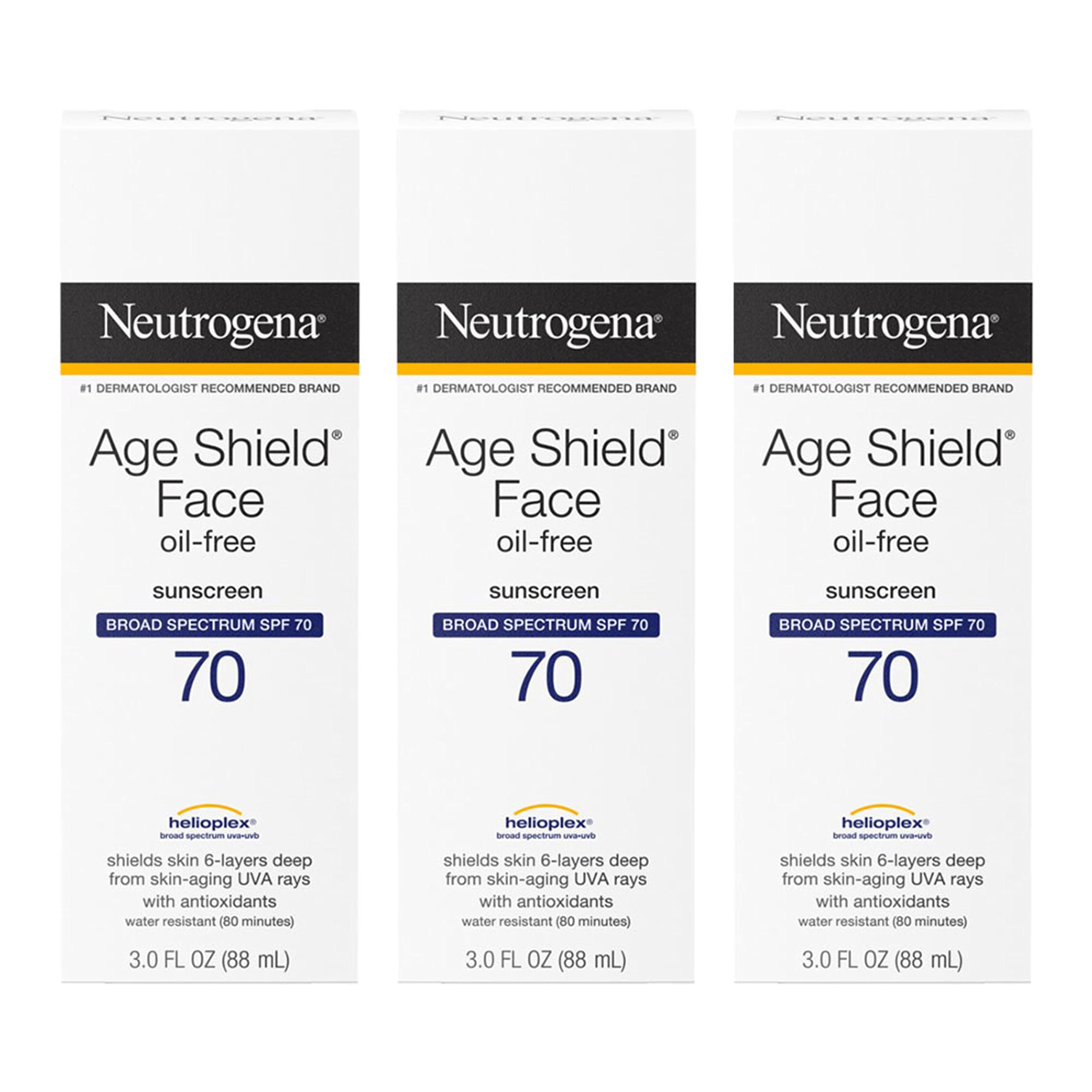 Neutrogena Age Shield SPF70 bottle showing oil-free broad spectrum protection.