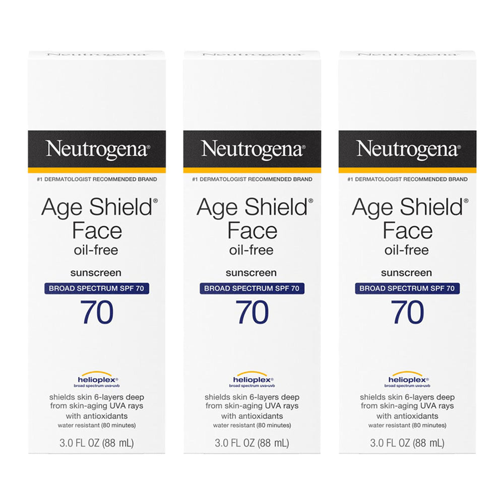 Neutrogena Age Shield SPF70 bottle showing oil-free broad spectrum protection.