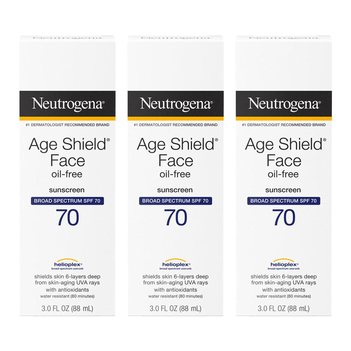 Neutrogena Age Shield SPF70 bottle showing oil-free broad spectrum protection.
