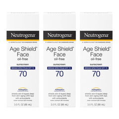 Neutrogena Age Shield SPF70 bottle showing oil-free broad spectrum protection.