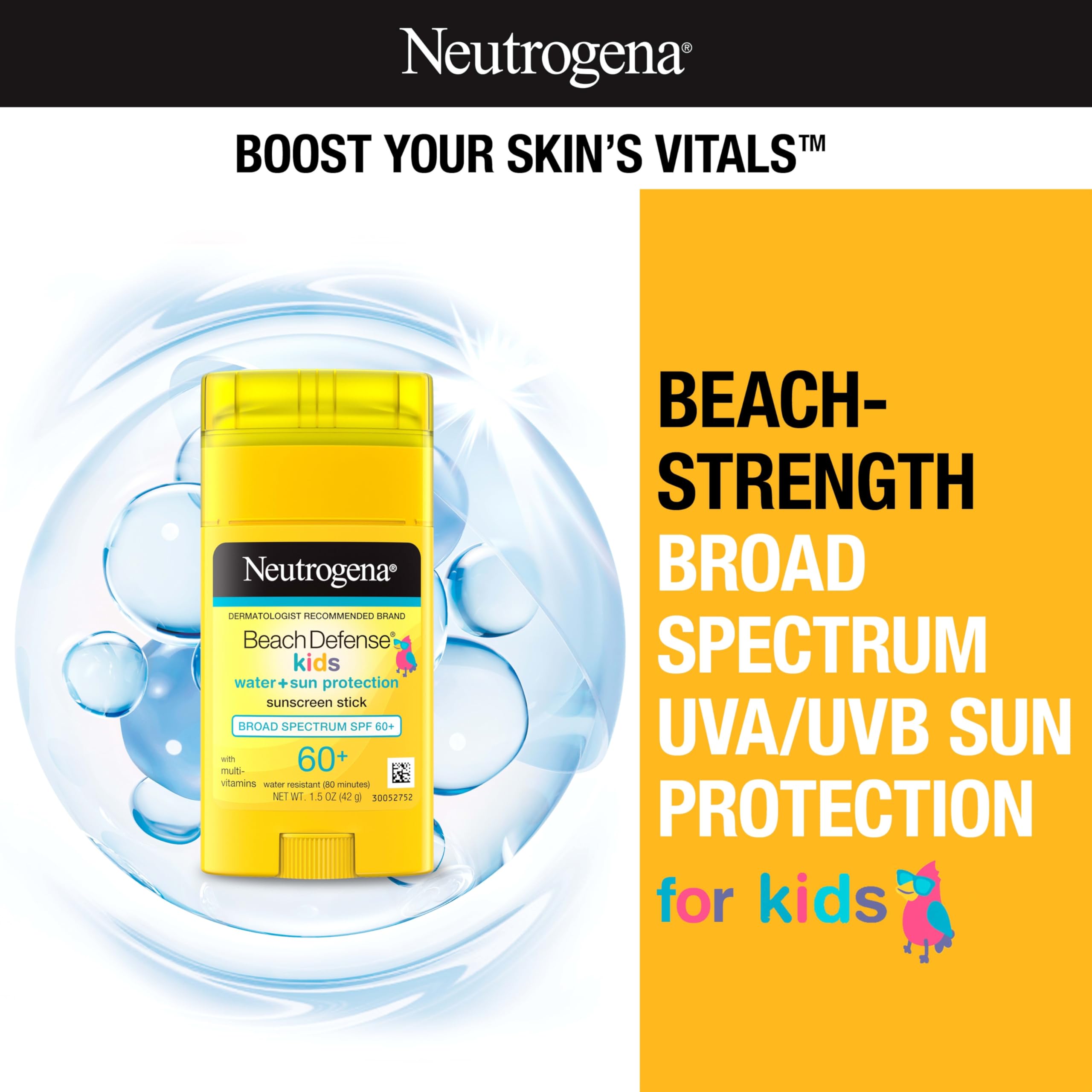 Neutrogena Beach Defense Kids stick on face and body for smooth, clear coverage.