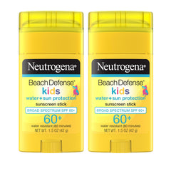 Neutrogena Beach Defense Kids sunscreen stick applying smoothly for quick reapplication in sunny adventures.