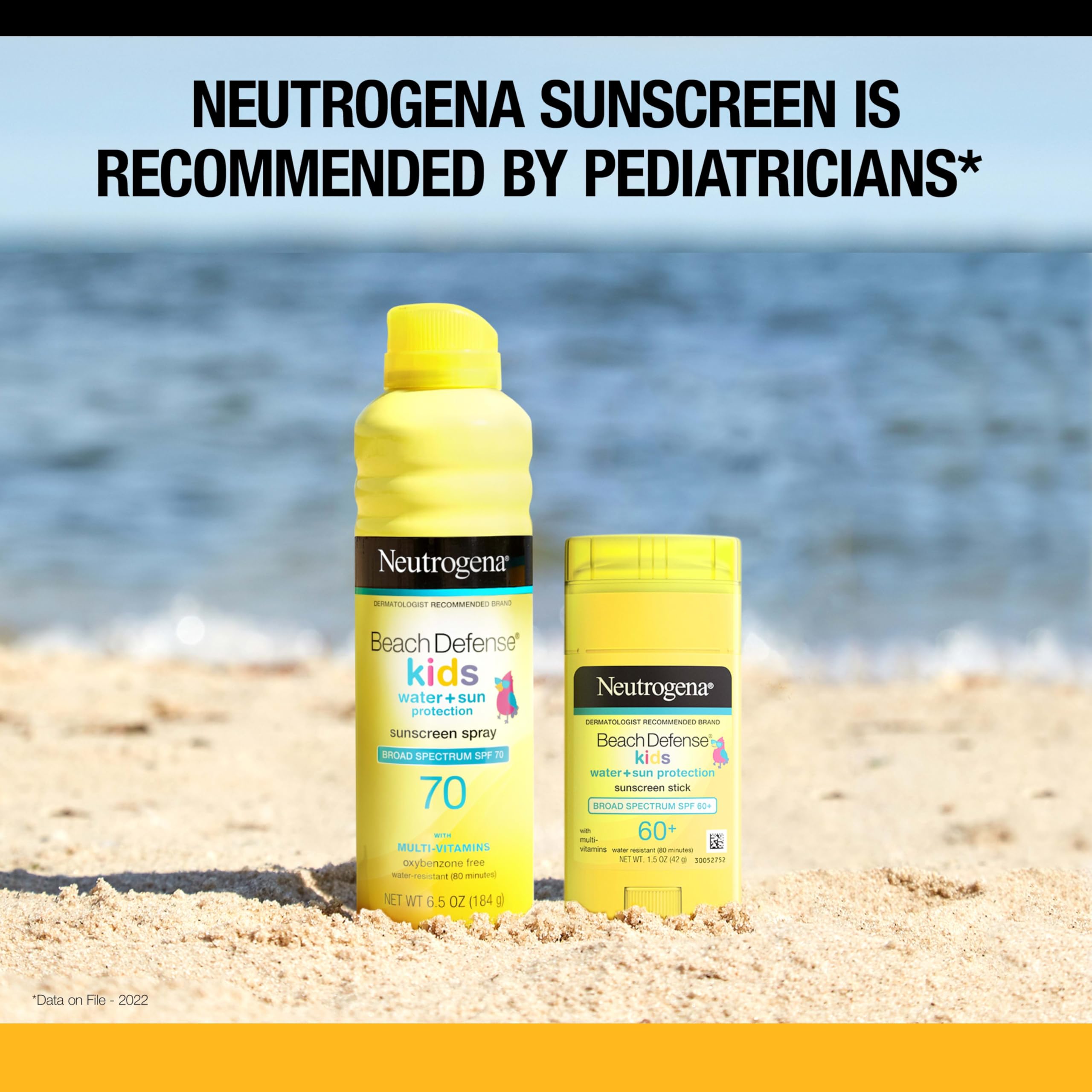 Neutrogena Beach Defense Kids sunscreen stick fits in a small bag for travel use.