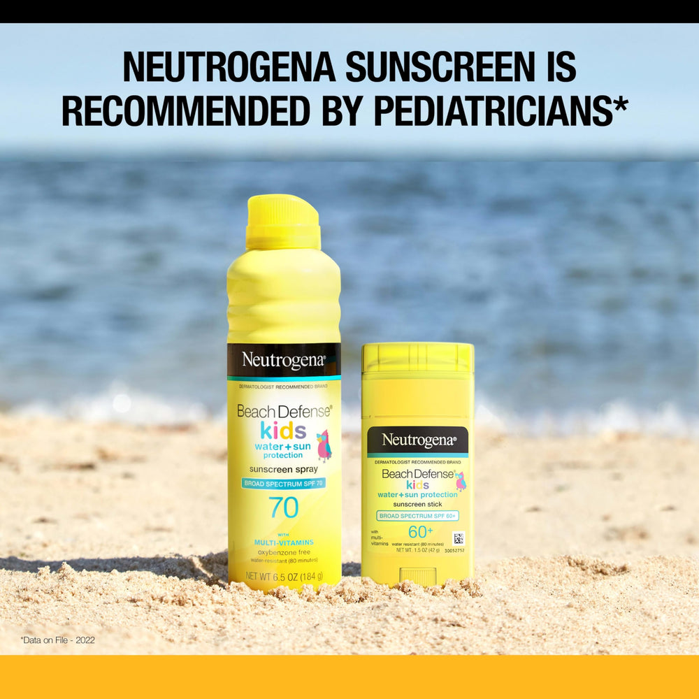 Neutrogena Beach Defense Kids sunscreen stick fits in a small bag for travel use.