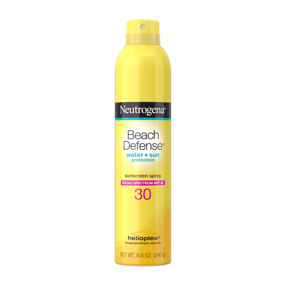 Neutrogena Beach Defense spray bottle showcasing broad spectrum SPF 30 for face and body