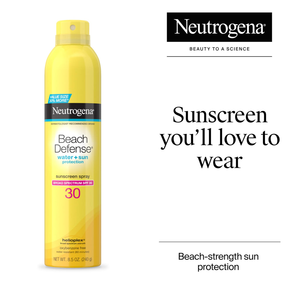 Neutrogena Beach Defense spray nozzle delivering quick, mess-free application