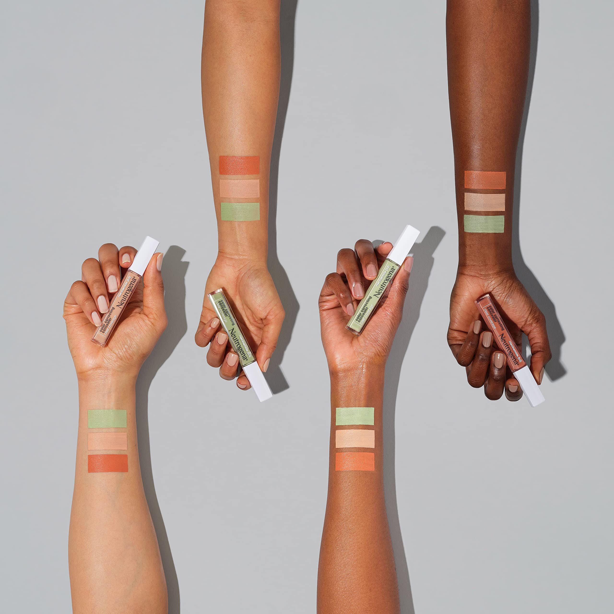 Neutrogena Clear Coverage Concealer swatch shows dark-spot neutralization for medium-to-deep tones.