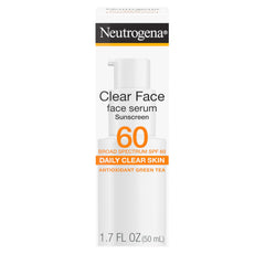 Neutrogena Clear Face Serum Sunscreen bottle showcasing lightweight SPF 60 protection for makeup prep