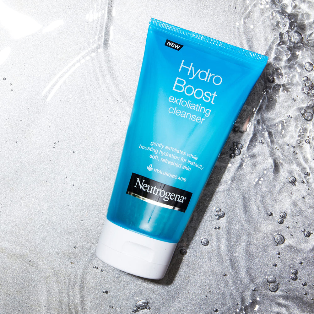 Neutrogena Hydro Boost exfoliating cleanser on skin demonstrates dirt and oil removal for refreshed skin.