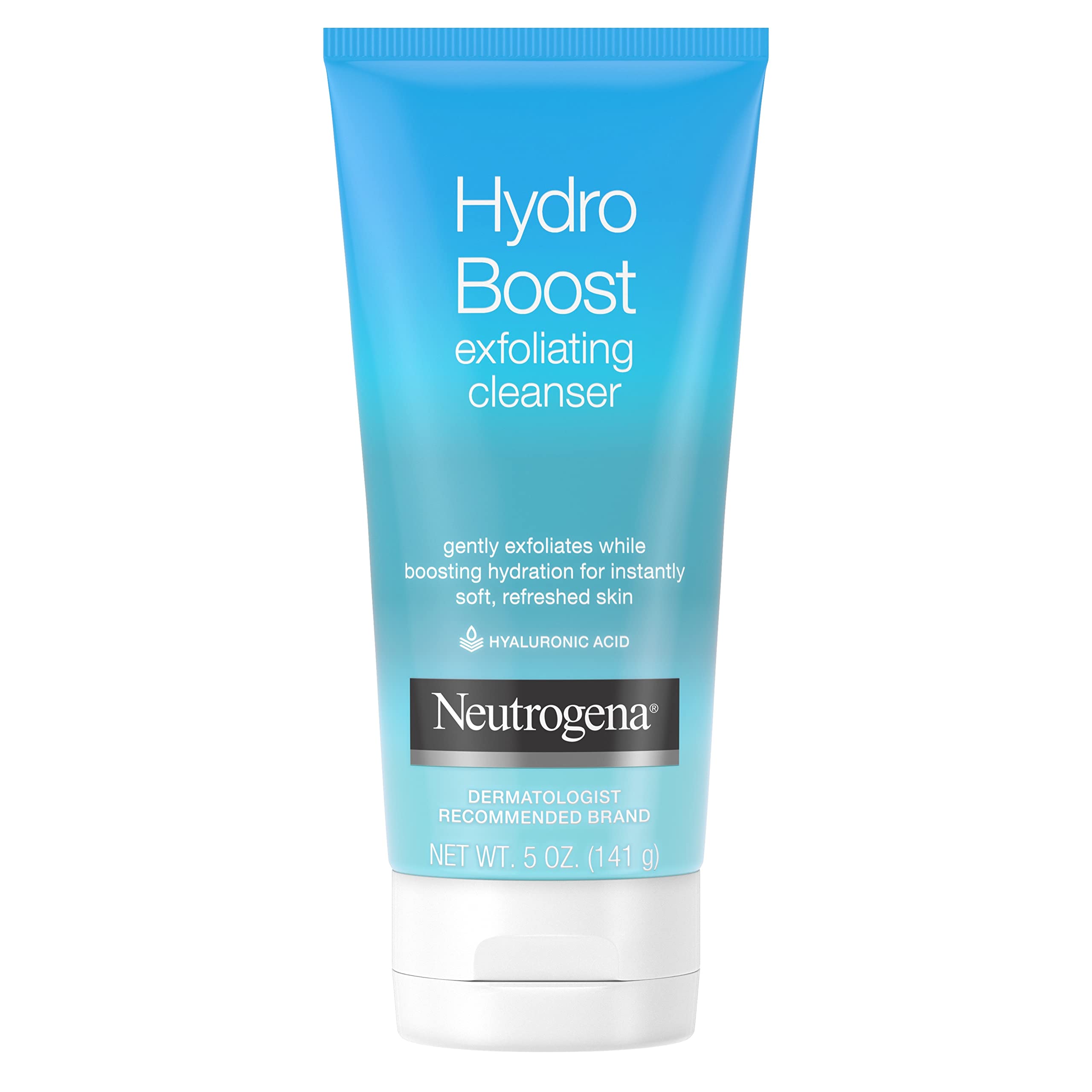 Neutrogena Hydro Boost hyaluronic acid molecule illustration emphasizes moisture retention during cleansing.