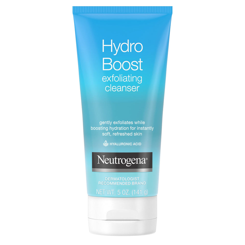 Neutrogena Hydro Boost hyaluronic acid molecule illustration emphasizes moisture retention during cleansing.