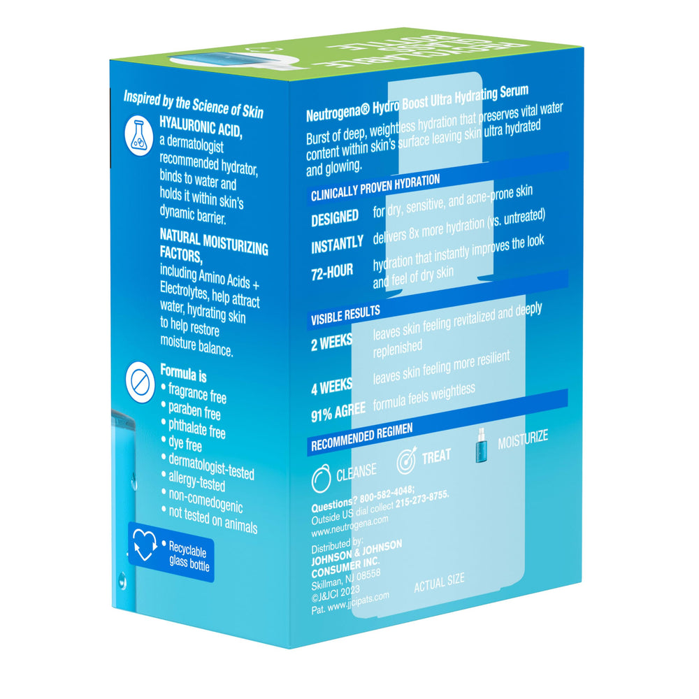 Neutrogena Hydro Boost recyclable glass bottle on shelf, eco-friendly packaging.