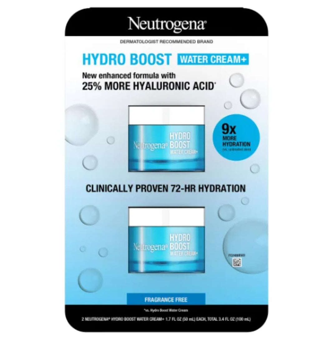 Neutrogena Hydro Boost Water Cream jar closeup showing fragrance-free hydration.