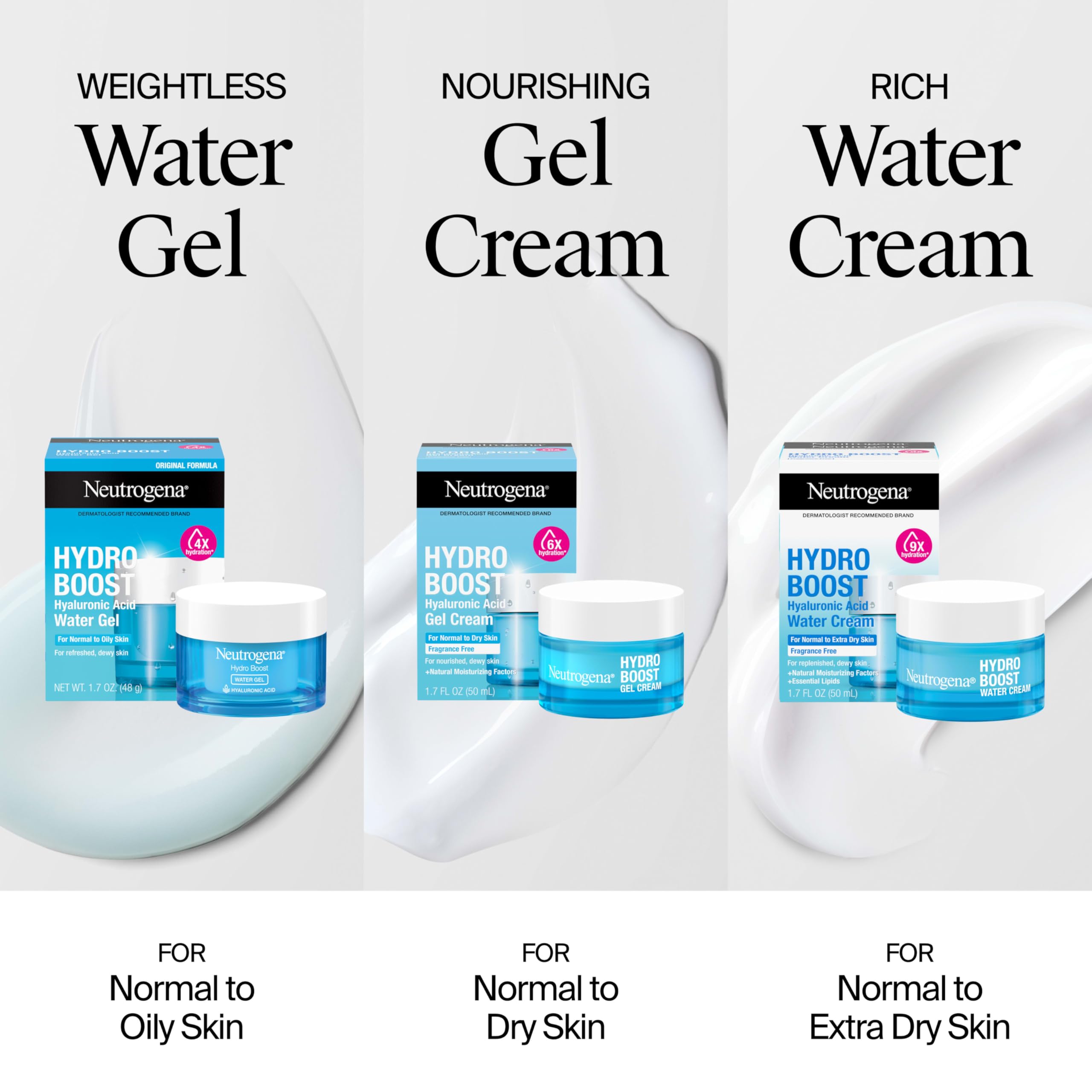 Neutrogena Hydro Boost Water Gel hidratación de 24 horas para la piel.