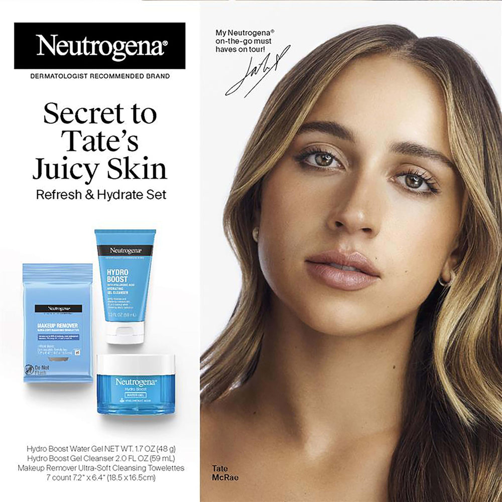 Neutrogena Hydro Boost Water Gel moisturizer tube highlighting 24-hour hydration without heaviness.
