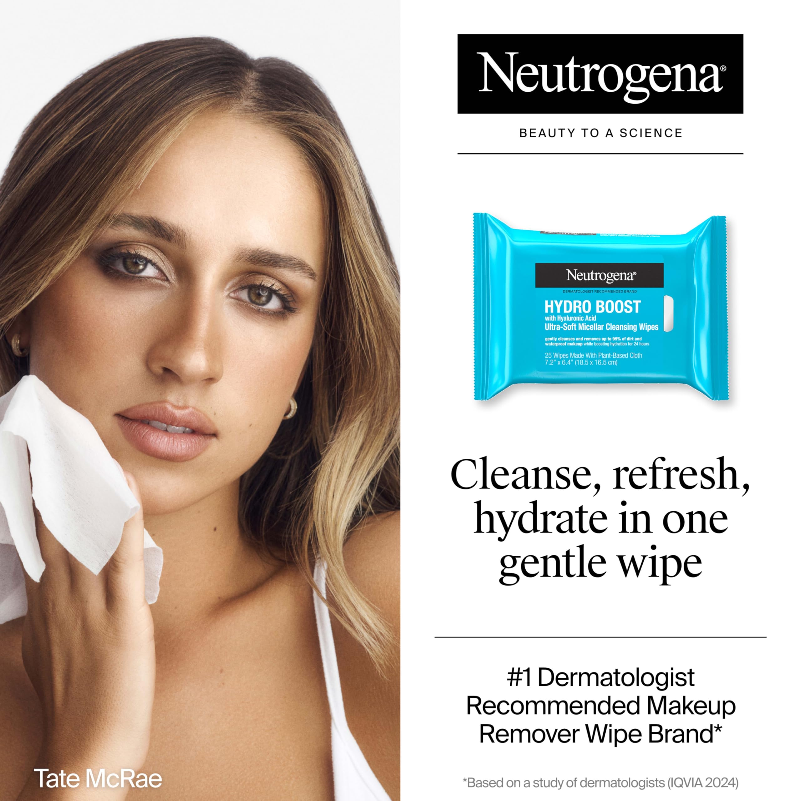 Neutrogena Hydro Boost wipes close-up highlights hydrating micellar cleansing action.