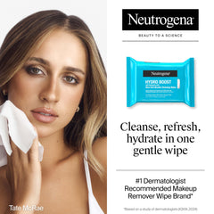 Neutrogena Hydro Boost wipes close-up highlights hydrating micellar cleansing action.
