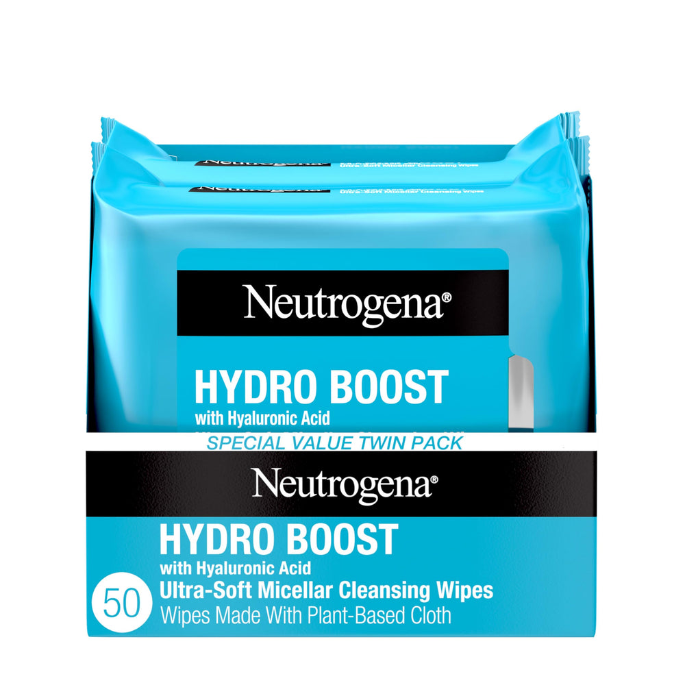 Neutrogena Hydro Boost wipes packaging shows two 25-count packs for hydrating cleansing.