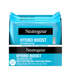 Neutrogena Hydro Boost wipes packaging shows two 25-count packs for hydrating cleansing.
